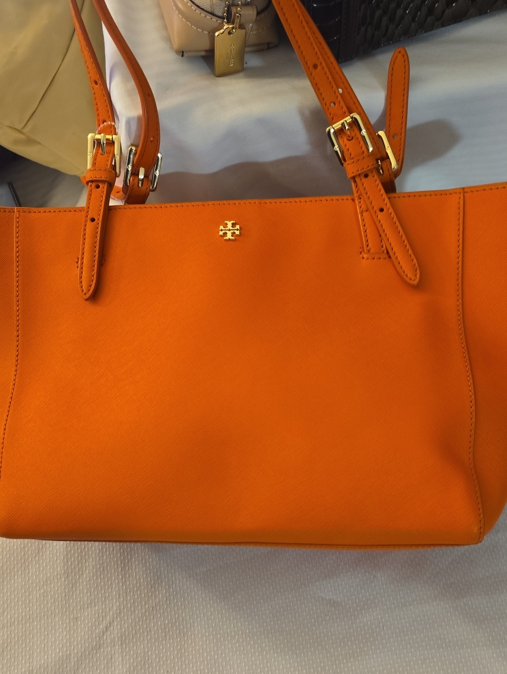 Tory Burch Bright Orange Leather Tote with Gold Logo